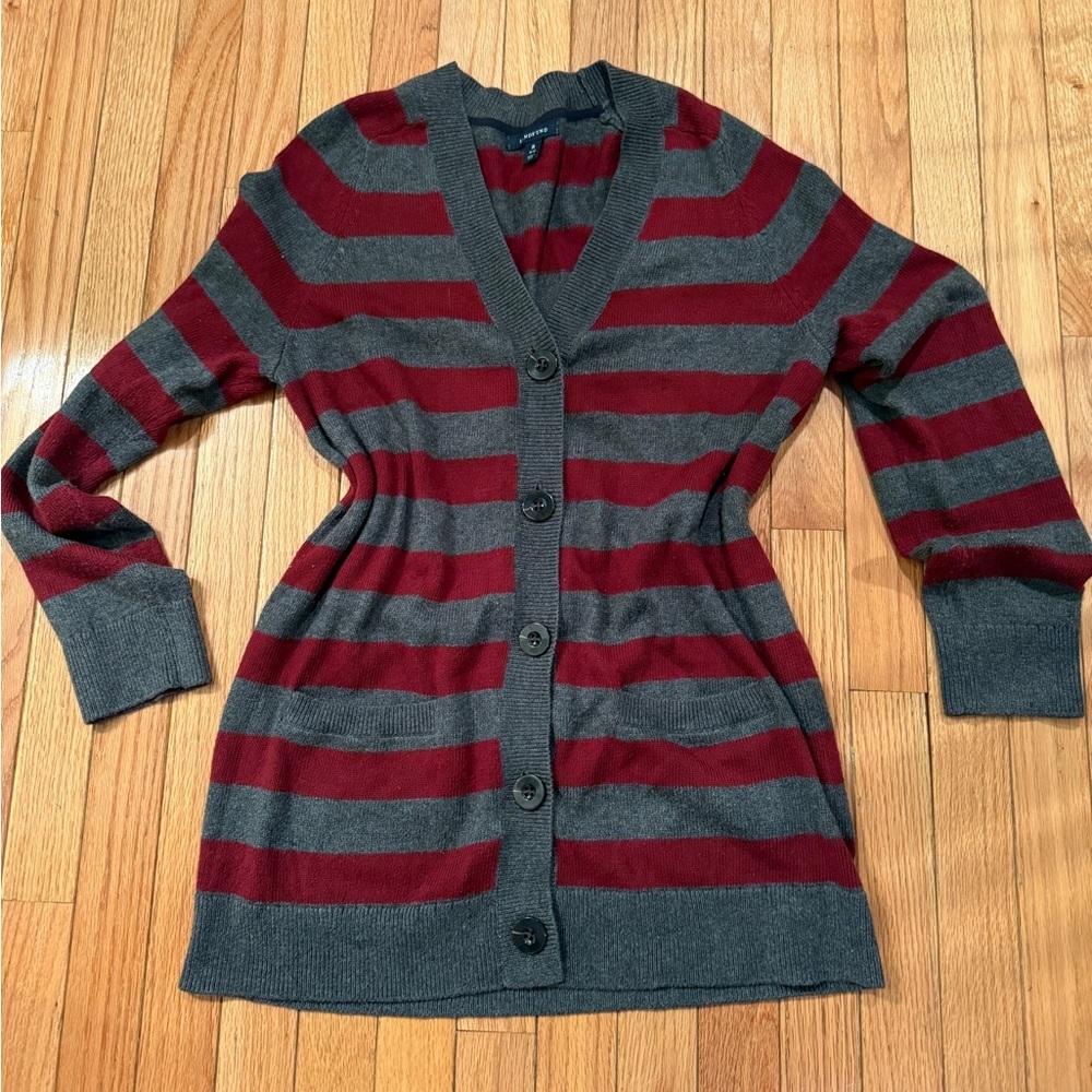 Lands' End Gray and Red Striped Cardigan grunge punk academia wool